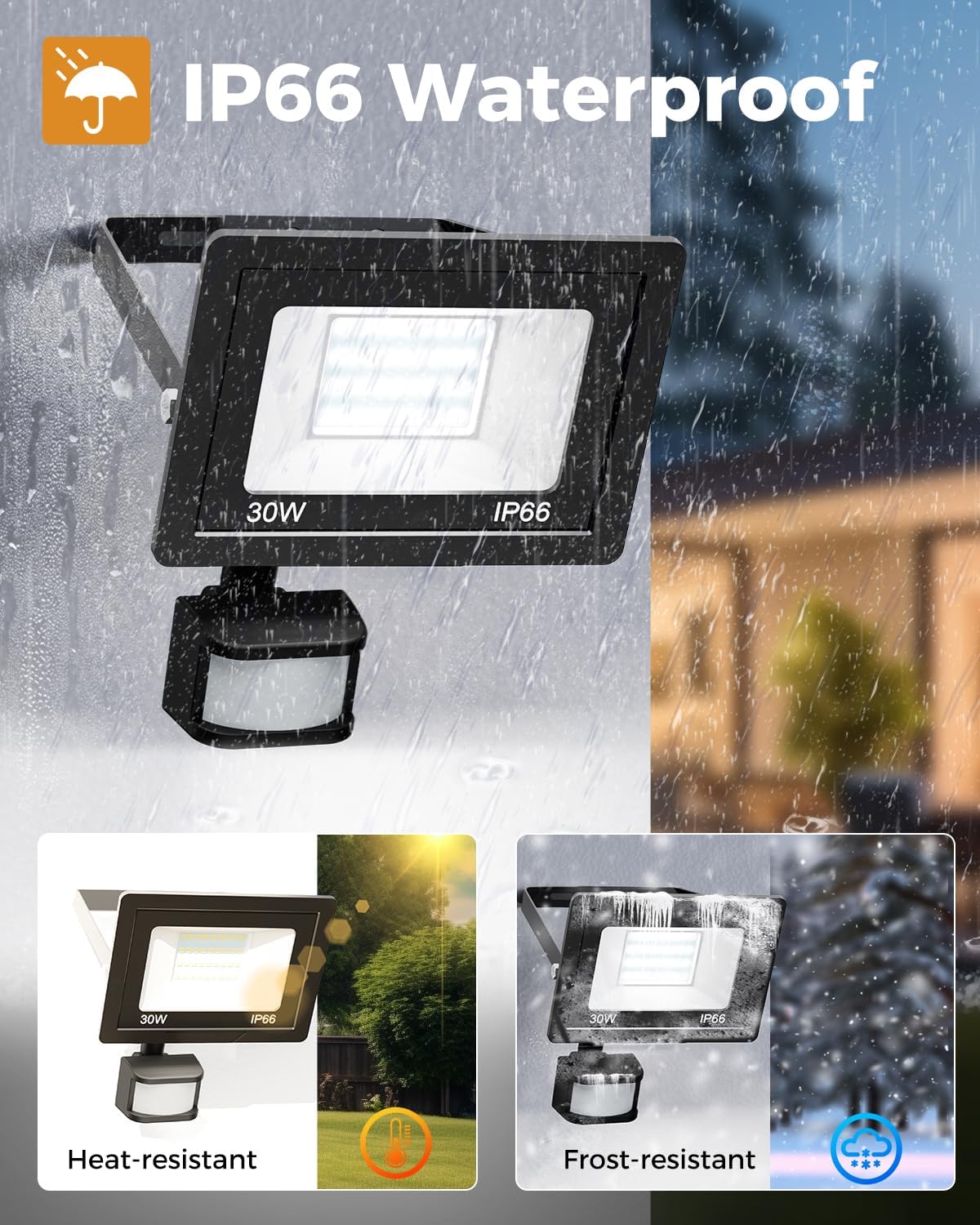 LED flood light with IP66 waterproof rating, shown outdoors in rain and snow.