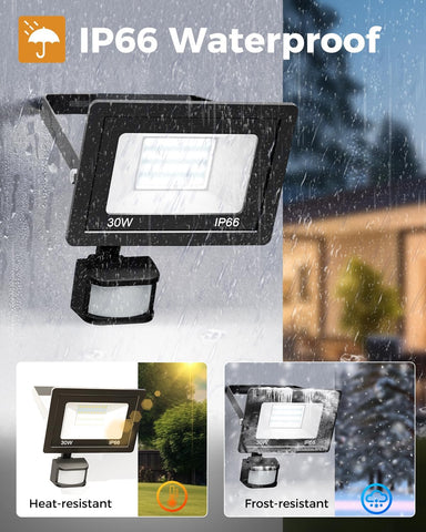 LED flood light with IP66 waterproof rating, shown outdoors in rain and snow.