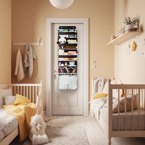 EZVERY Over the Door Baby Nappy Organiser, Beige Hanging Nursery Storage with 3 Bins, Removable Nappy Caddy and 10 Mesh Side Pockets