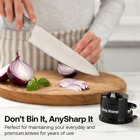 AnySharp Knife Sharpener – PowerGrip Suction Base | Hands-Free Safety | Sharpens All Kitchen Knives | Ideal for Hardened Steel & Serrated