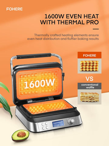 Smart Waffle Maker 1600W – Digital Display, 7 Browning Levels, 5 Presets, Non-Stick, Family Size, Timer & Alerts – Silver
