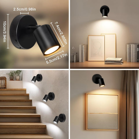 LED Battery Operated Wall Lights Indoor, Rotatable Wireless Rechargeable Wall Lamp, 3 Color Temperatures & Stepless Dimming, Black Magnetic Wall Lights with Remote for Living Room Corridor
