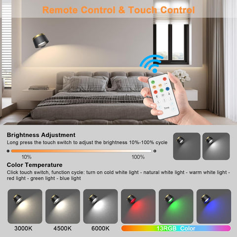 Battery Operated Wall Lights, LED Rechargeable Wall Lights Indoor, 3500mAh Magnetic Wall Lamp with Remote, 3 Color Temperatures & 13 RGB & Dimmable 360° Free Rotation Sconces Wall Lighting