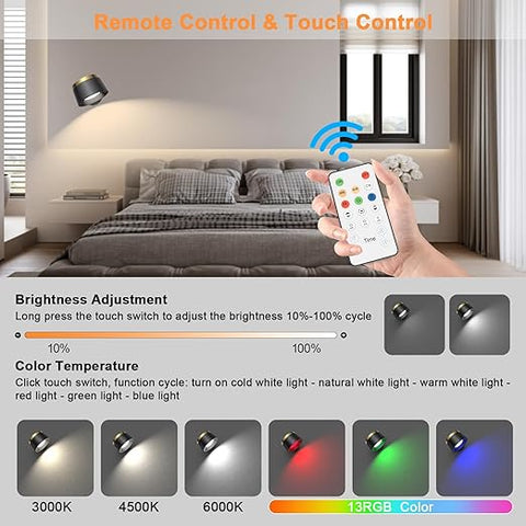 2 Pack Magnetic Wireless Wall Sconce - Remote & Touch Control 360° Rotatable LED Light