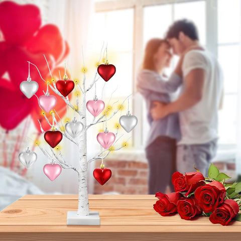 24 Inch Lighted Valentine Heart Tree, Pre-Lit Birch Style Table Décor with Heart Ornaments