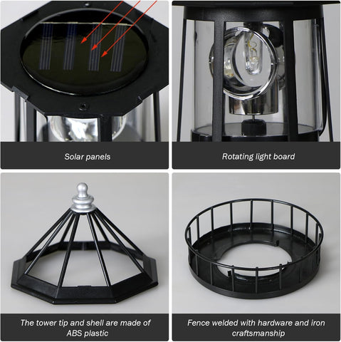 Solar Lighthouse Lamp Auto 360° Rotation Lighthouse Light Waterproof Decorative Metal Solar Garden Lights for Balconies Garden Decorations 5.9x8.3 Inch Black, Pathway Lighting