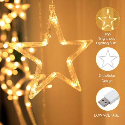 Ramadan Star Moon LED Curtain Lights – 3.5M Warm White String Lights with 8 Flashing Modes, USB & Battery Powered for Indoor and Outdoor Decoration