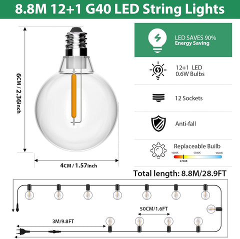 8.8M 12+1 G40 LED String Lights with bulb and installation diagram on a white background.