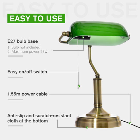 HOMCOM Green Glass Banker’s Table Lamp with Brass Tone Finish – E27 Desk Light for Home Office & Study