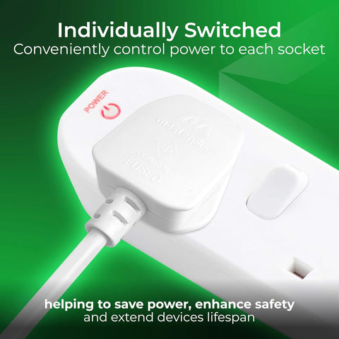 Masterplug Six Socket Extension Lead, 2 Metre Cable, Individual Switches, Power and Surge LED Indicators, 6-Way Plug Extension Cable, Power Strip, White, 13A, 6G, 2m, SWC6210N
