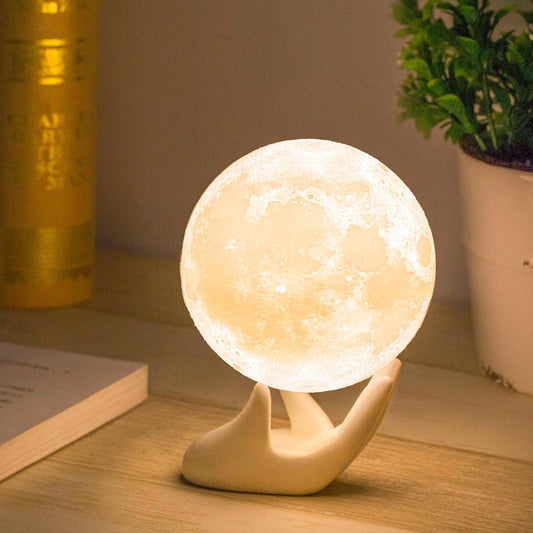 3D Moon Lamp with Ceramic Base, LED Night Light, Mood Lighting with Touch Control Brightness for Home Décor, Bedroom, Gifts for Father Kids Women Birthday - White & Yellow