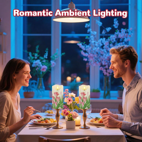 Tulip Flameless Pillar Candles Set of 2, 6×3 Inch Real Wax LED Candles with Remote, Timer & Dimmable Flickering Light