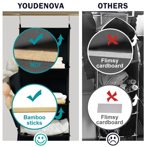 YOUDENOVA Hanging Wardrobe Organiser, 6 Shelves with Side Pockets, Grey – Make Every Shelf Count