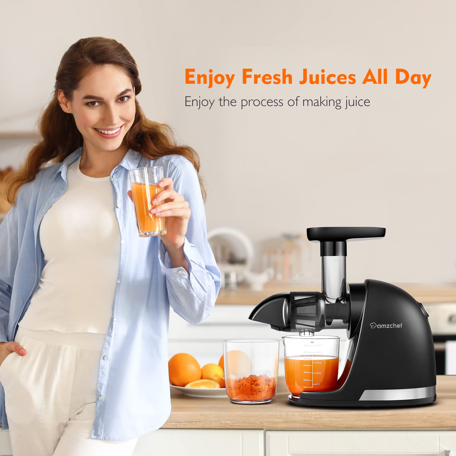 AMZCHEF Juicer Machines - Cold Press Slow Juicer - Masticating Juicer for Whole Fruits and Vegetables - Delicate Chew No Need to Filter - BPA Free Juice Extractor with 2 Cups and Brush - Black