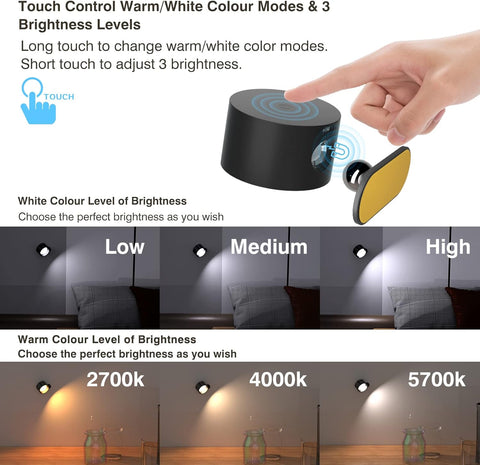 Wall Light LED Wall lamp Rechargeable Battery Wall Sconces Mordern Dimmable Touch Control Warm/White Brightness Modes Wall Spotlights Freely Rotatable Lights for Bedroom Cabinet Black