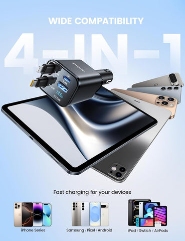 Lamicall 4-in-1 Retractable Car Charger Adapter 69W USB-C & USB-A