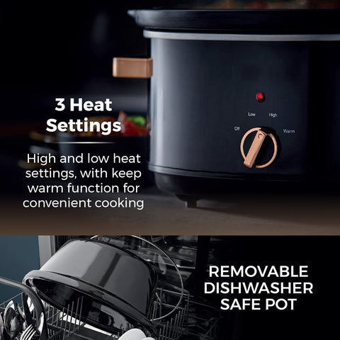 Infinity 6.5L Slow Cooker with 3 Heat Settings & Keep Warm Function, 270W Power, Stainless Steel Pot, Black and Rose Gold