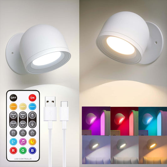 2PCS Rechargeable Wall Lights Indoor, RGBCW Battery Operated Wall Lamp with Remote and Touch Control, Dimmable Wireless Cordless Wall Sconces for Bedroom Bedside Reading Living Room Picture