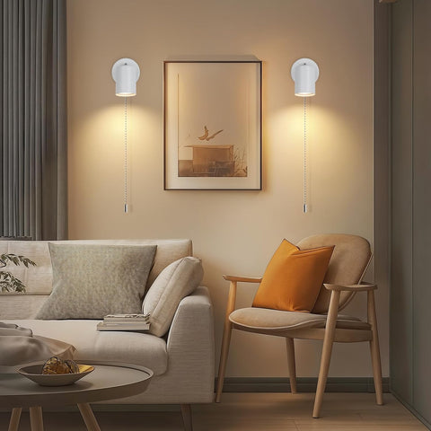 Modern Adjustable Indoor Wall Lamp - with Pull Cord Switch - White Wall Spotlight Fixtures - Wall Sconces for Bedroom Bedside Hallway - Bulb Not Included
