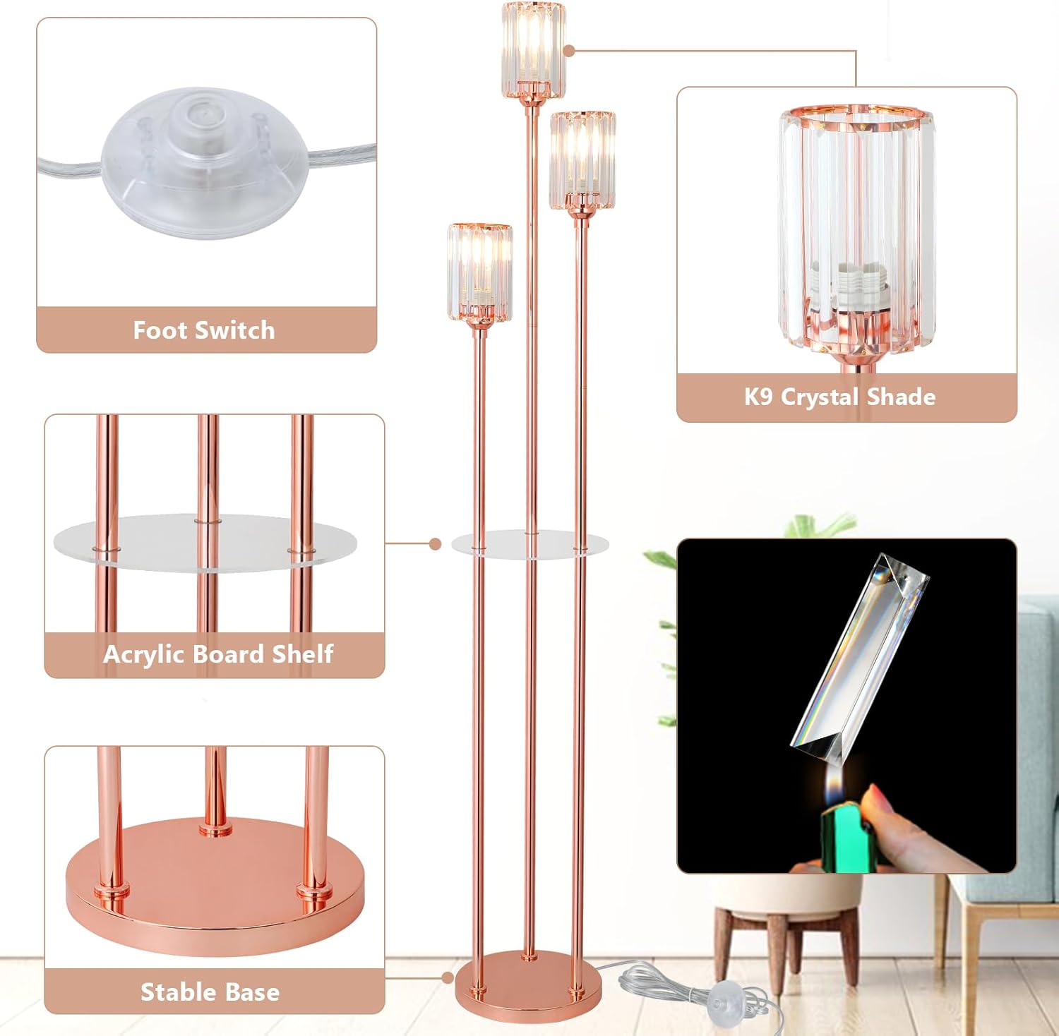 Rose gold floor lamp with features highlighted on a white background