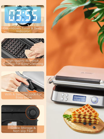 Smart Waffle Maker 1600W – Digital Display, 7 Browning Levels, 5 Presets, Non-Stick, Family Size, Timer & Alerts – Silver