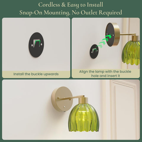 Vintage Rechargeable Wall Lights with Green Tulip Glass Shade, Dimmable, Wireless