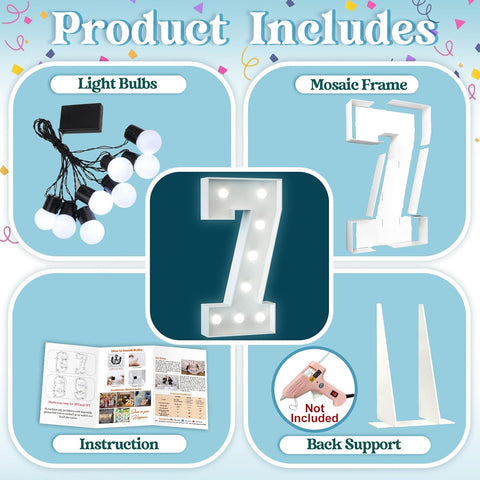 3FT Light Up Numbers Birthday Decoration Large Marquee Numbers 7 for 7th 70th Birthday Party Decor Wedding, Big Number Frame Foam Cardboard Mosaic Arch Stand Pre-cut Numbers