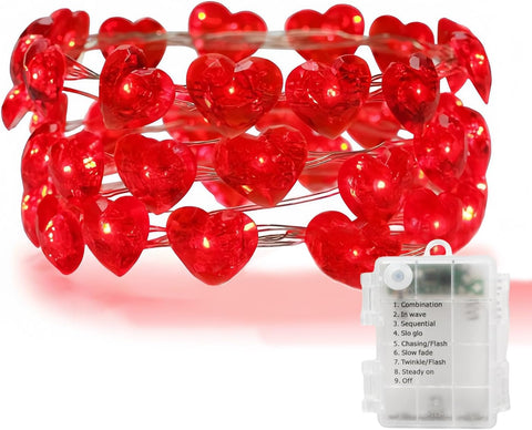 300cm Red Heart LED Fairy String Lights with Remote, Timer & 8 Lighting Modes – Battery Powered Waterproof Decor