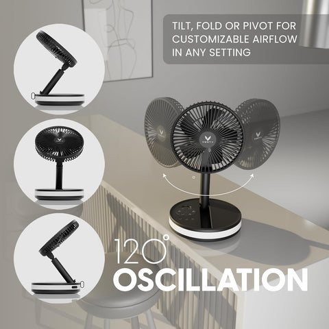 Portable Wireless Rechargeable Fan with LED & Remote Control - Black