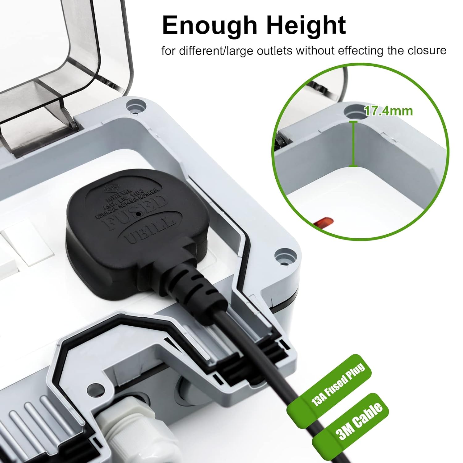 Electrical outlet cover with a plug and cable, showing sufficient height for large outlets.
