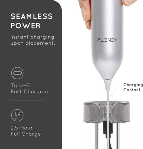Rechargeable Milk Frother Handheld with USB-C Charging Stand Silver