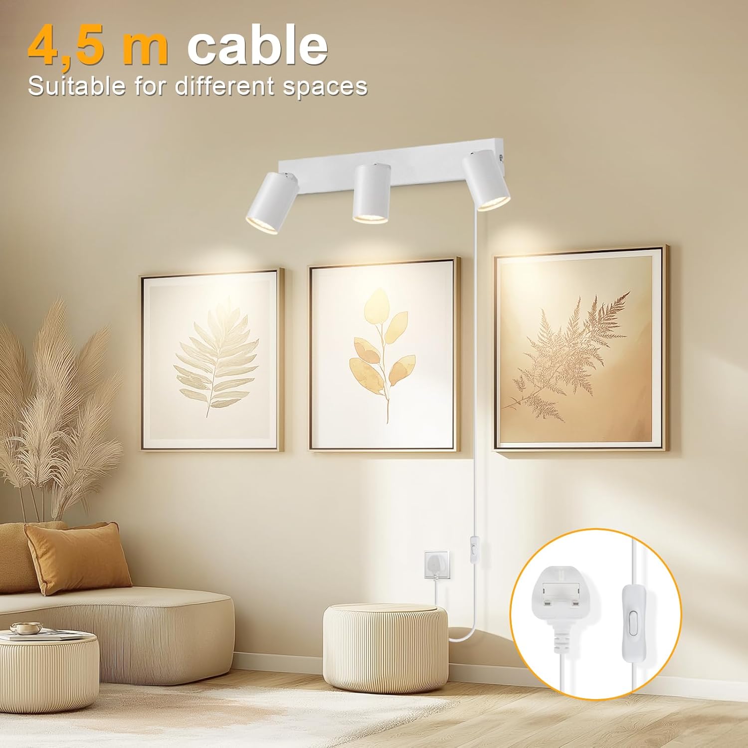 Ceiling light fixture with 4.5m cable in a living room setting
