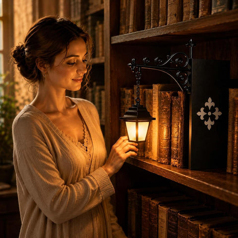 2 Pcs Library Bookshelf Lantern – Vintage Bookshelf Lamp with Warm White LED, Cordless Battery Powered Book Nook Light for Bedroom, Library & Study Room