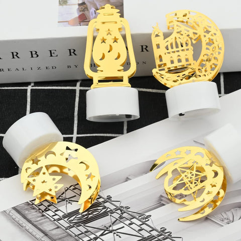 Ramadan LED Candle Lights Set of 4 – Gold Castle, Moon & Pagoda Eid Table Decorations for Home & Party Decor