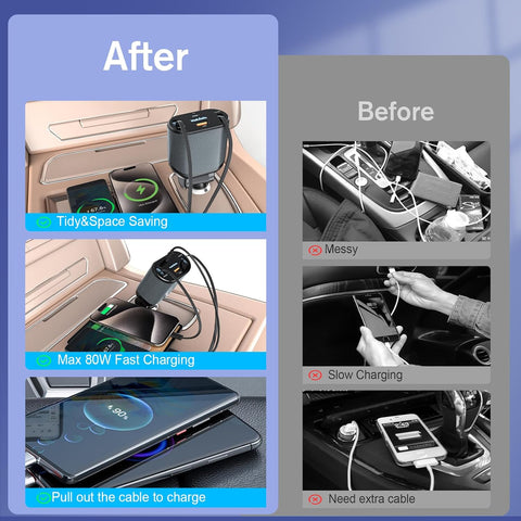 80W Retractable Car Charger Dark Gray – 4-Port Fast USB-C Adapter