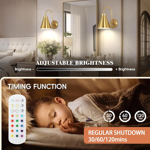 Battery Operated Gold Wall Lights with Remote RGB 2 Pack