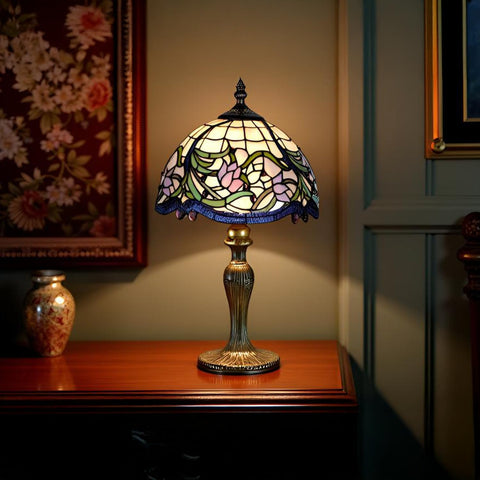 Elegant Floral Tiffany Table Lamp – Handmade Stained Glass Vintage Bedside Lamp with Touch Switch, 8-Inch Shade & 13-Inch Stand for Bedroom, Living Room & Lounge