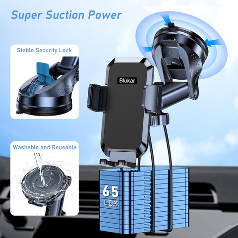 Blukar Black Car Phone Holder 360° Adjustable Mount with Strong Suction & One-Touch Release