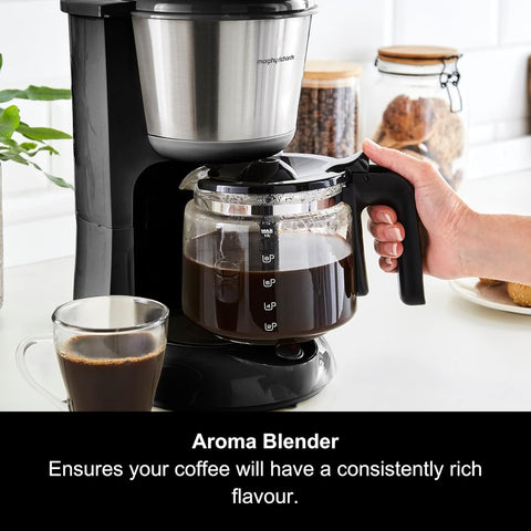 Equip 10 Cup Filter Coffee Machine with Pour Over Technology, Aroma Blender & Keep Warm Function – 1.2L Drip Coffee Maker with Reusable Filter, Anti-Drip Design & Easy View Water Level, Black/Brushed Steel