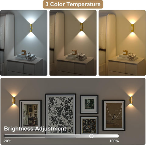 Motion Sensor Wall Lights with Remote Control - Rechargeable Battery Operated Wall Sconces Indoor, LED Wireless Magnetic Wall Lamp Set of 2 for Stairs, Hallway, Bedroom, Living Room, Gold