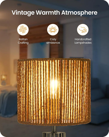 GOEBELSON Bedside Table Lamp – Black Metal Table Lamp with Hand-Woven Paper Rattan Shade, 4W 2700K LED Bulb Included, E27 Bedroom & Desk Lamp