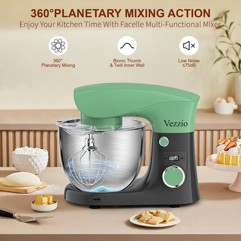Small Stand Mixer 1500W – 10 Speed Food Mixer with 5.5L Bowl – Lightweight Dough Mixer for Baking & Cakes (Green Gray)