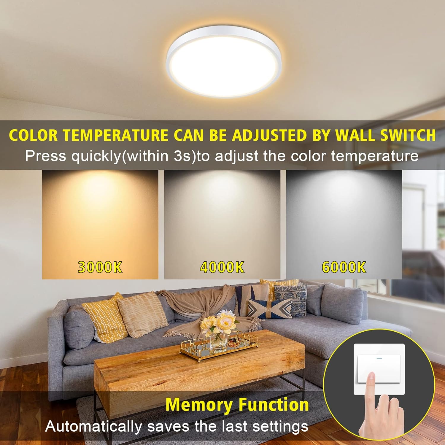 Living room with a ceiling light fixture and color temperature adjustment feature highlighted.