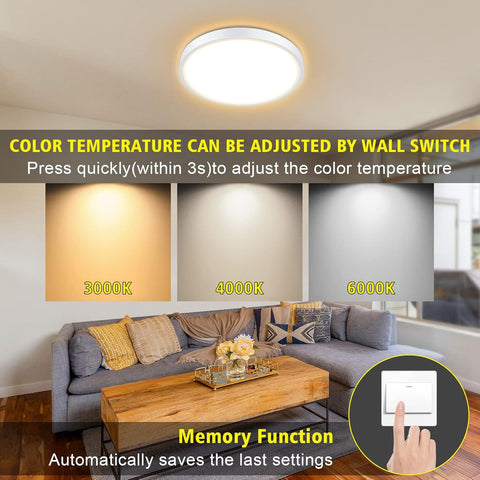 Living room with a ceiling light fixture and color temperature adjustment feature highlighted.
