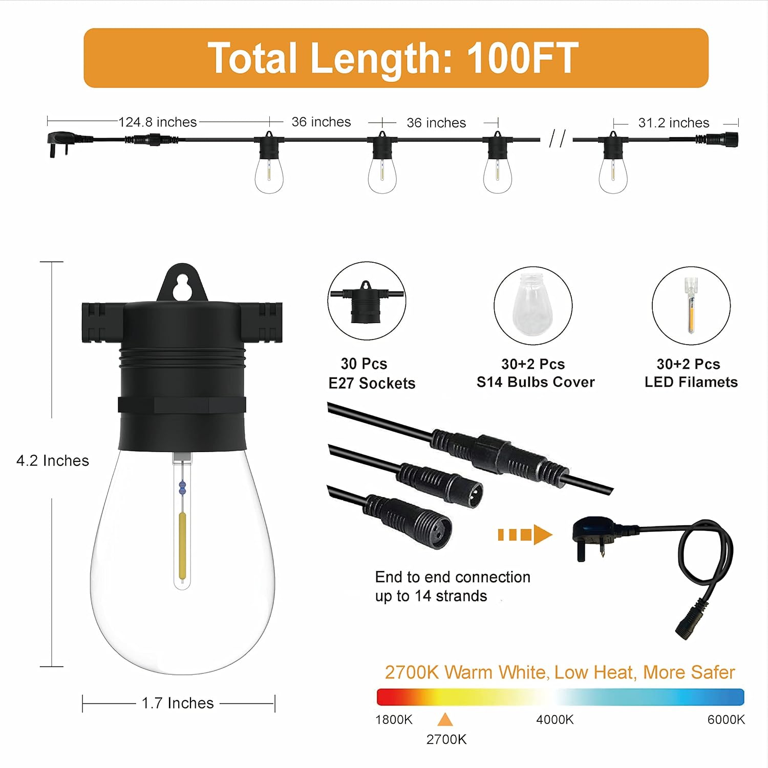 Outdoor Garden String Lights Mains Powered 100FT/30m, Waterproof IP65 Festoon Lights Outdoor with 30+2 LED Shatterproof Bulbs for Outside Terrace Patio Party Wedding Yard, 2700K Warm White
