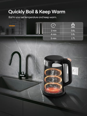 1.7L Glass Electric Tea Kettle – 5 Temp Control, Keep Warm, Fast Boil 2200W, Auto Shut-Off, LED Lights – Black