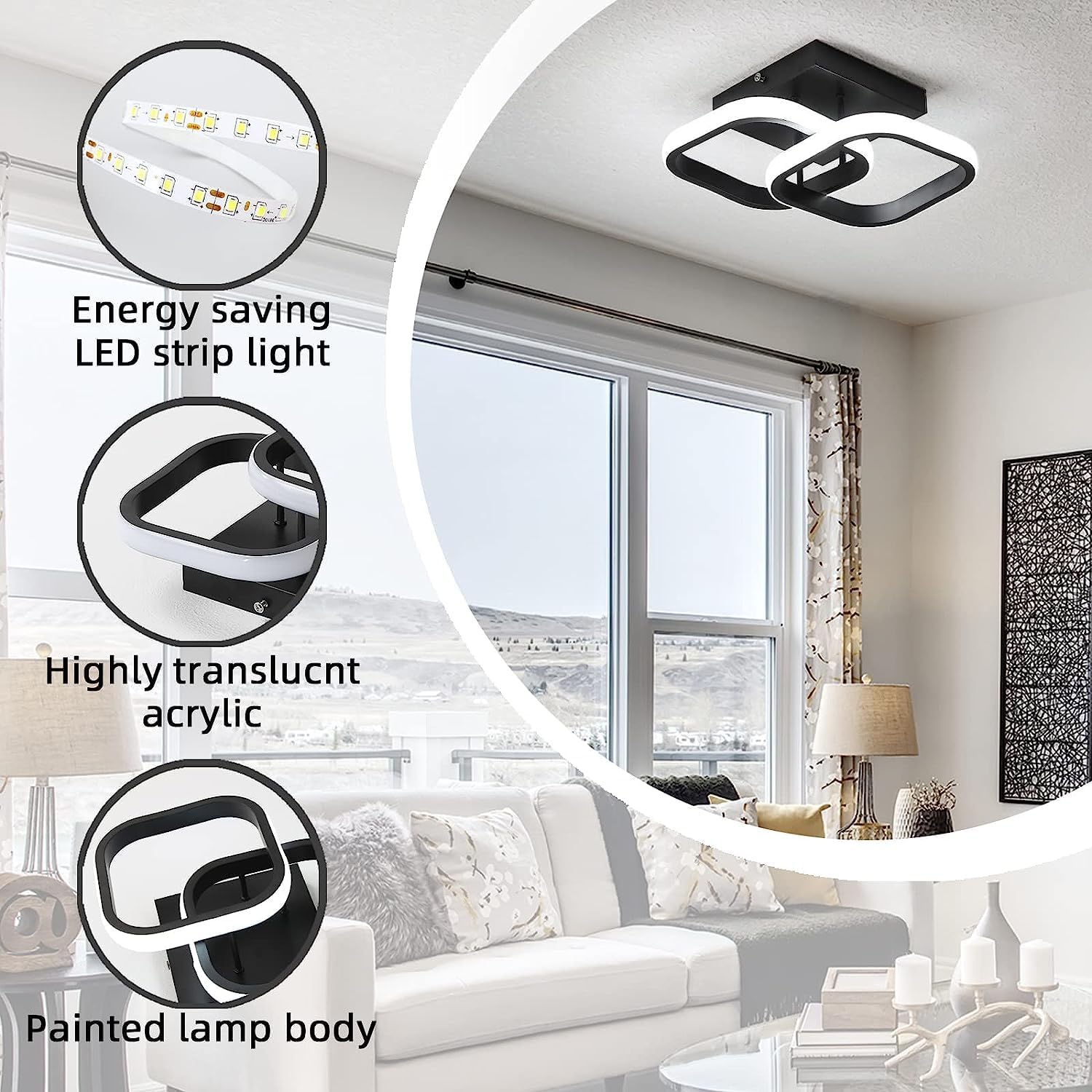 Modern ceiling light fixture in a living room with features highlighted.