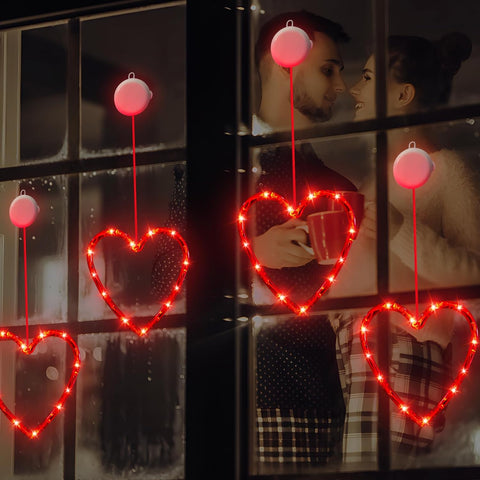 3 Pack Valentine Heart Window Lights with Timer – Battery Powered Red LED Hanging Decor