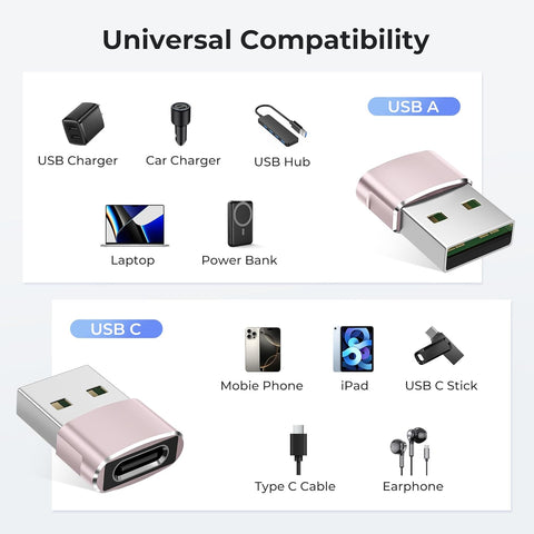 Pink USB to USB-C Adapter 3-Pack – Type-C Female to USB-A Male Charger Converter for iPhone 11–16 Pro Max/Plus, Apple Watch Ultra/8/7, AirPods 2/3, iPad 8th–10th Gen, Air 4/5, Mini 6