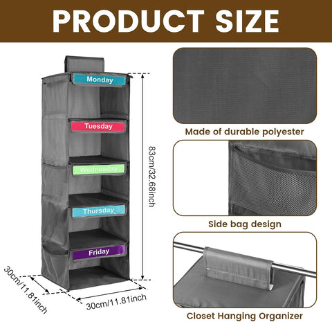 5- Shelf Weekly Clothes Organizer for Kids, Kids Daily Clothes Organiser, Day of Week Clothes Organiser ,Hanging Closet Organizer,Monday Through Friday Clothes Organizer for Hats T-Shirts (Grey)